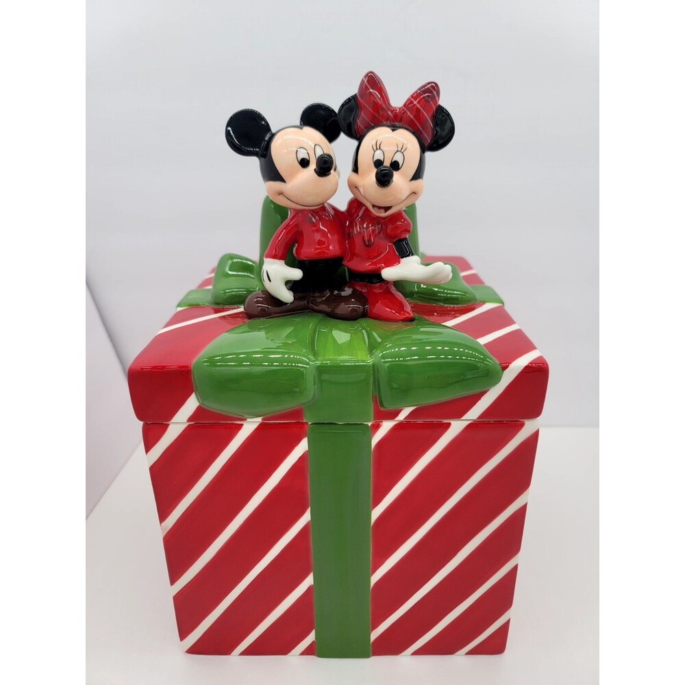 Mickey and Minnie Mouse Christmas Gift Cookie Jar Cannister